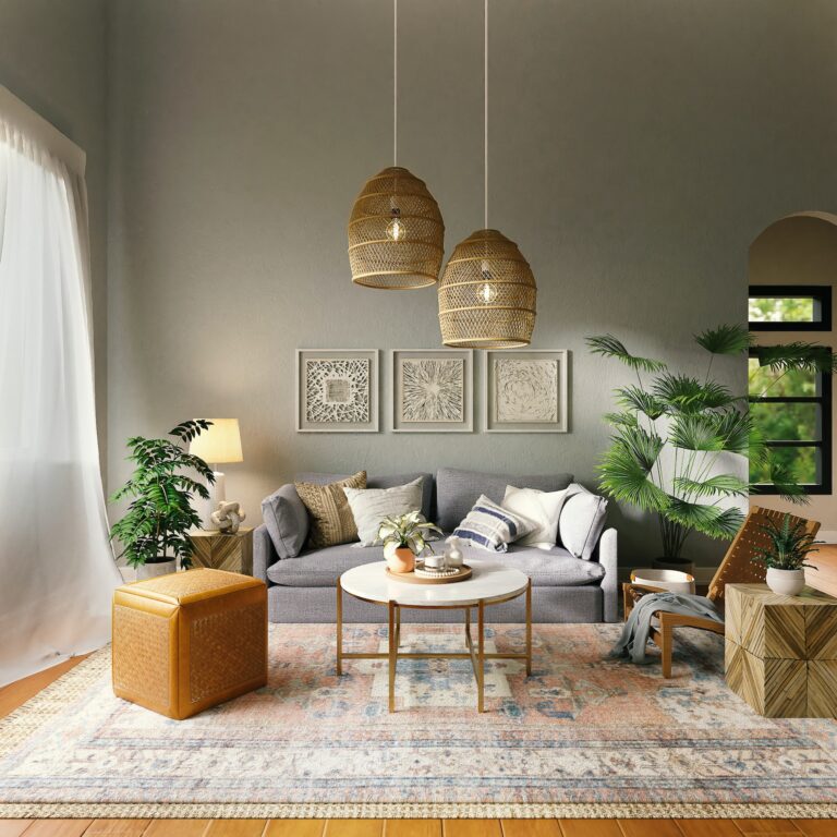 een woonkamer vol meubels en planten.