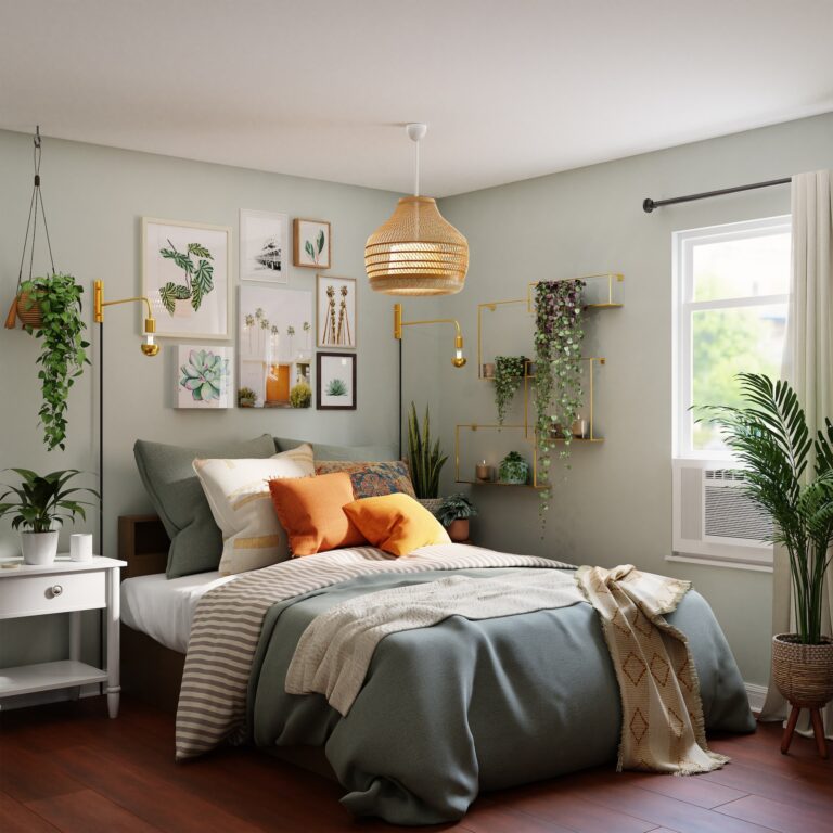 een slaapkamer met een bed en een plant aan de muur.